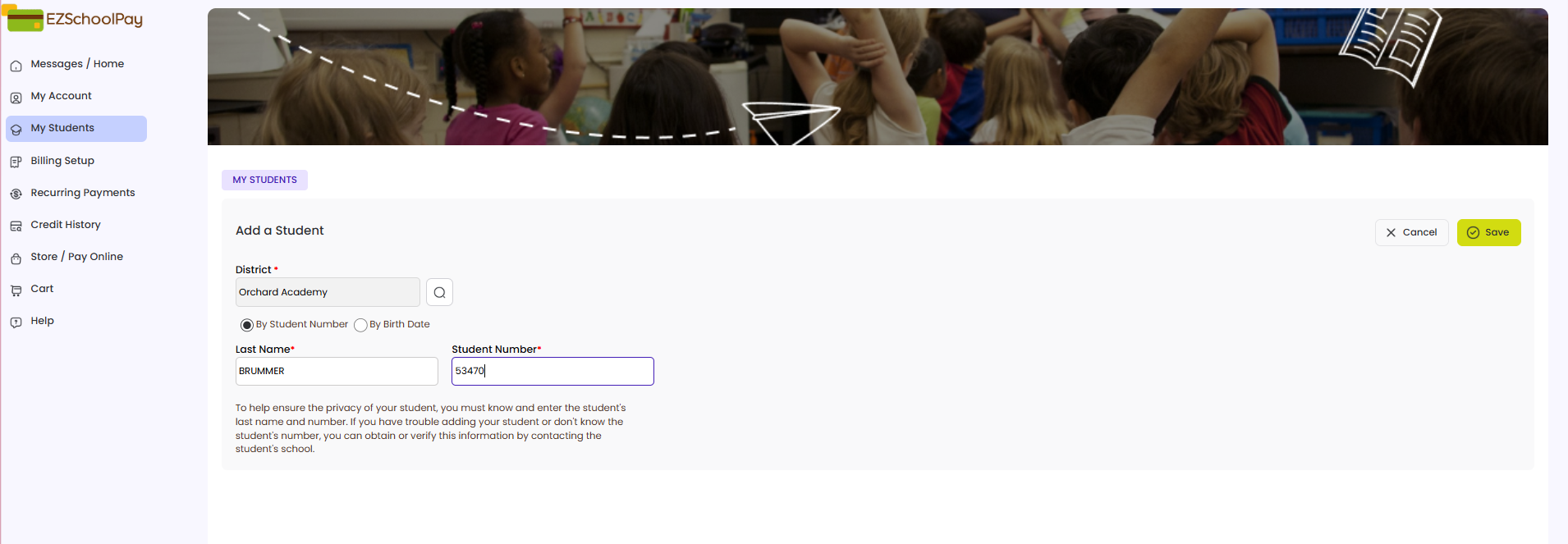 My Students Dashboard - Add A Student
