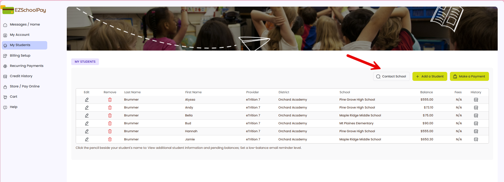 My Students Dashboard Contact School